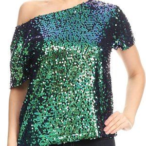 Anna-Kaci Womens Short Sleeve One Shoulder Sequin Top Blouse size L